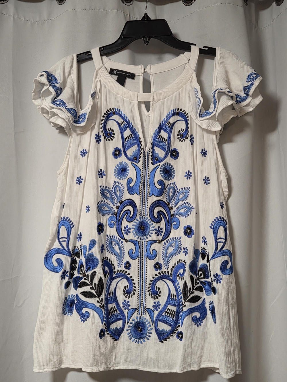 INC International Concepts Embroidered Cold Shoulder Boho Top White Blue XL